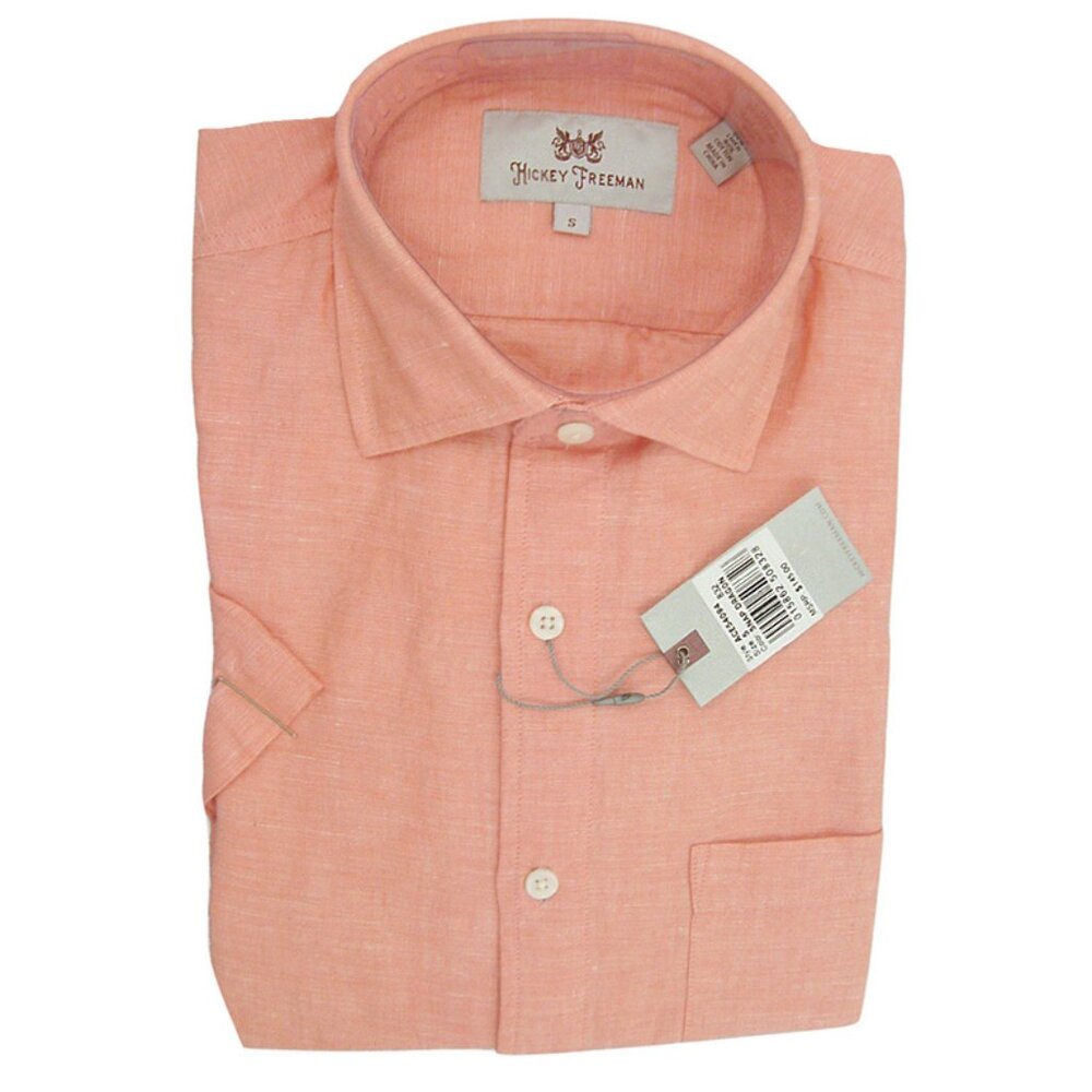 NEW $145 Hickey Freeman Linen & Cotton Shirt! Orange Short Sleeved Lightweight